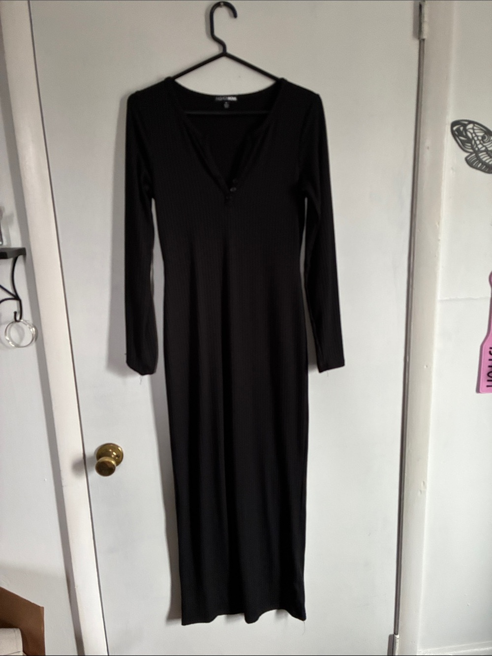 Fashion Nova Black Ribbed Long Sleeve Maxi Dress